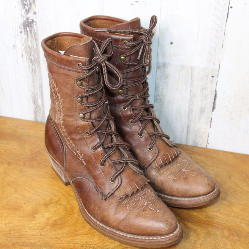 Laced Brown Leather Western 7 m Boots